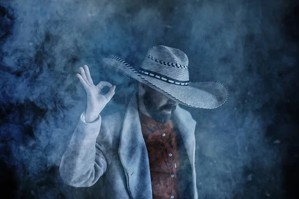 Granjero Hipster Sombrero Paja Con Ala Humo Fumar Tabaco Estilo — Foto de Stock