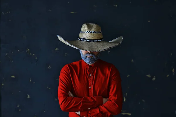 Vaquero Popa Sombrero Con Ala Paja Estilo Retro Vintage Hombre —  Fotos de Stock