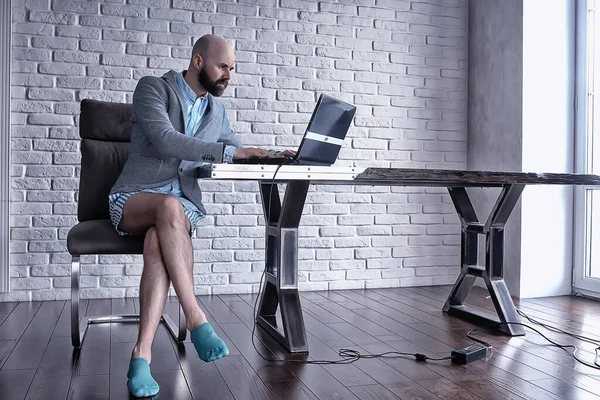 Quarantined Work Concept Man Works Home Computer His Underpants Funny — Stock Photo, Image