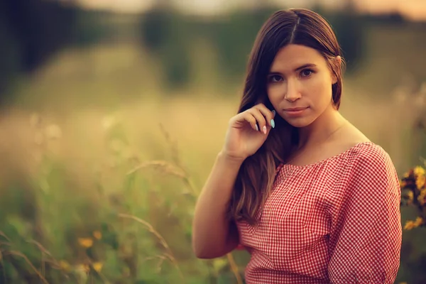 Mädchen Sommerkleid Blumen Feld Abstrakte Sommer Look Wildblumen Warmes Porträt — Stockfoto