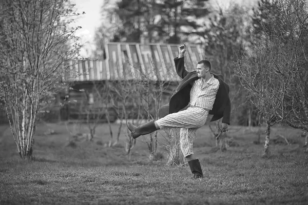 Vintage Man Young Village Black White Eastern Europe Style Retro — Stock Photo, Image