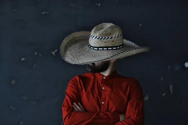 Stern Cowboy Hat Brim Straw Retro Vintage Style Angry Man — Stock Photo, Image