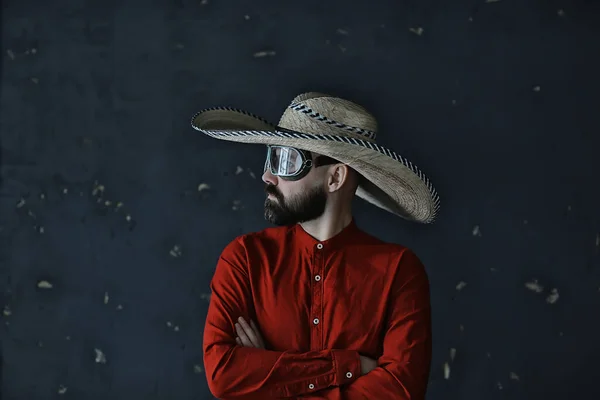 Hipster Guy Glasses Gray Beard Hat Brim Emotionally Posing Model — Stock Photo, Image