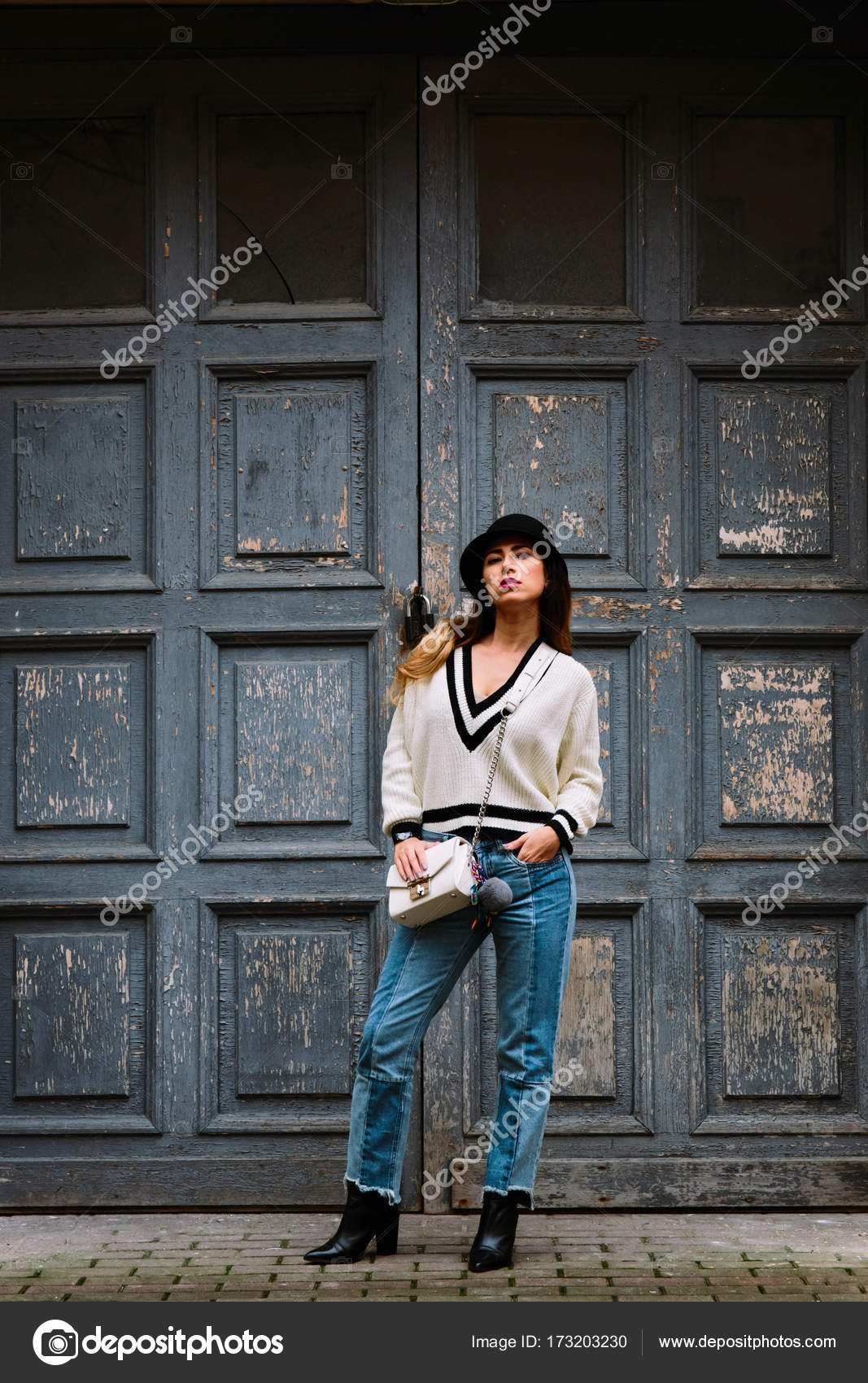 Outdoor Full Body Portrait Of Young Beautiful Fashion Girl Posing On Street Model Looking Aside Lady Wearing Stylish Winter Clothes Female Fashion Toned Stock Photo C Art2435