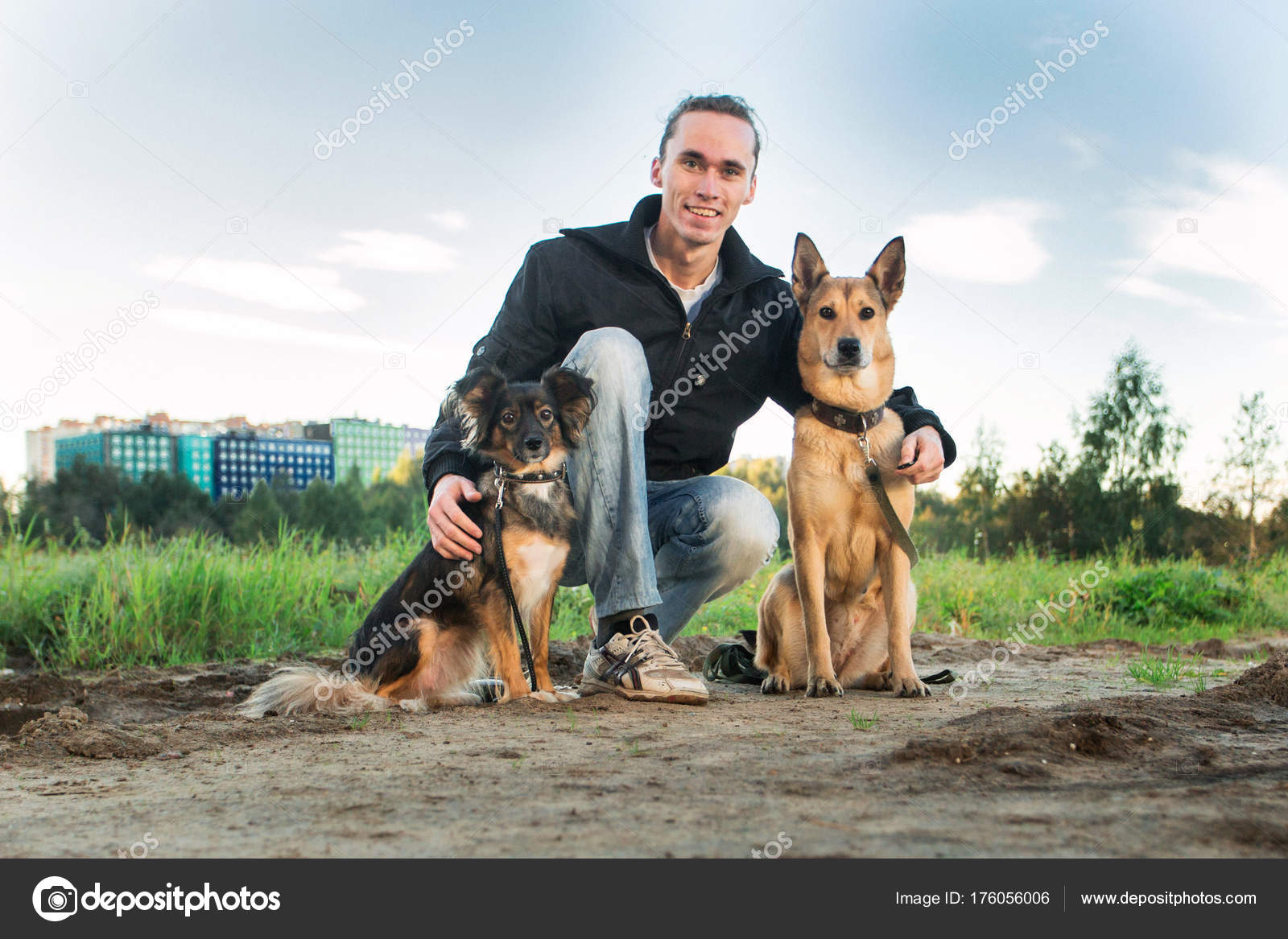 An owner with two dogs at a meadow, looking at camera Stock Photo by