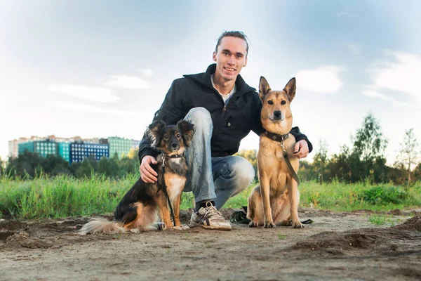 Kameraya bakarak bir sahibi bir çayır, iki köpek ile