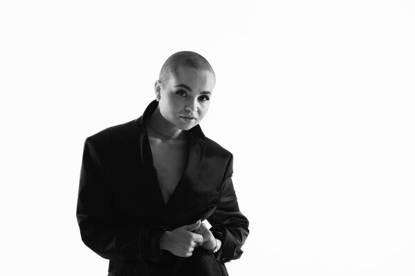 Confident model in black shirt