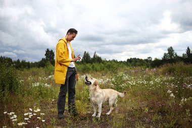 İtaatkar Labrador Retriever köpeğini eğiten ve bulutlu yaz gününde yeşil çiçek çayırında temel komutları veren genç bir adamın yan görüntüsü.