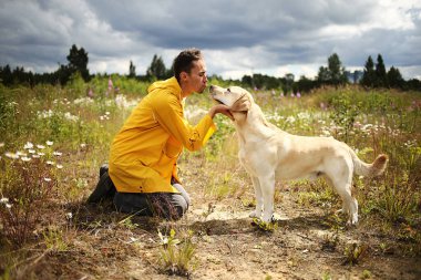 Arka planda bulutlu gökyüzü olan çiçek açan çayırda bej renkli Labrador av köpeğiyle öpüşen genç adamın yan görüntüsü