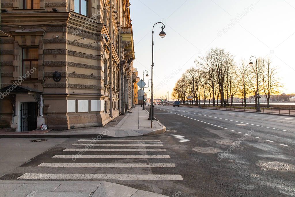 New Government measures telling public to stay at home for at least four weeks to help combat Coronavirus spread. Empty streets Saint-Petersburg City centre.