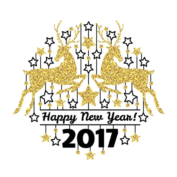Feliz año nuevo tarjeta con siluetas de ciervos de oro y estrellas en círculo — Vector de stock