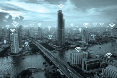 WiFi ağ bağlantı kavramı cityscape arka plan üzerinde.
