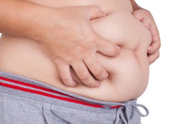 şişman kadın karın yüzeyi beyaz arka plan üzerinde