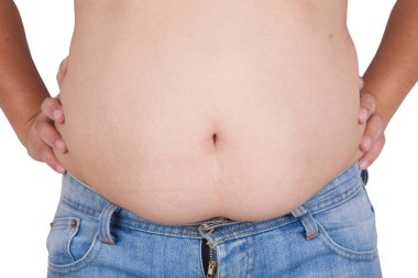 şişman kadın karın yüzeyi beyaz arka plan üzerinde