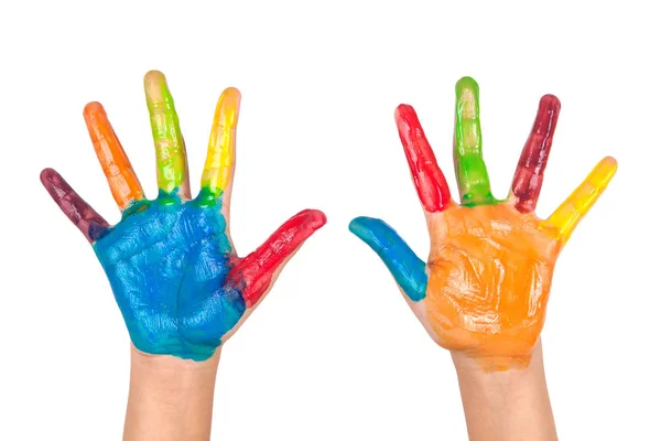 Розфарбовані барвисті руки дитини на білому тлі — стокове фото