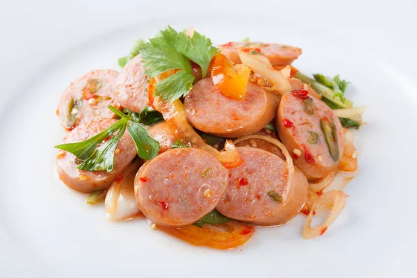 Thai fusion food spicy sausage pork salad. Thailand style.