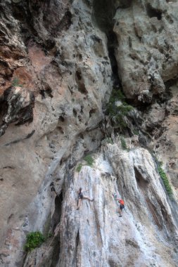 Turizm Tayland, Thailand, Krabi ili tırmanma ile kireçtaşı duvar.