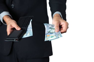 İşadamı için ödeme ya da bağış beyaz arka plan ile cüzdanını dışarı Doları aldı.