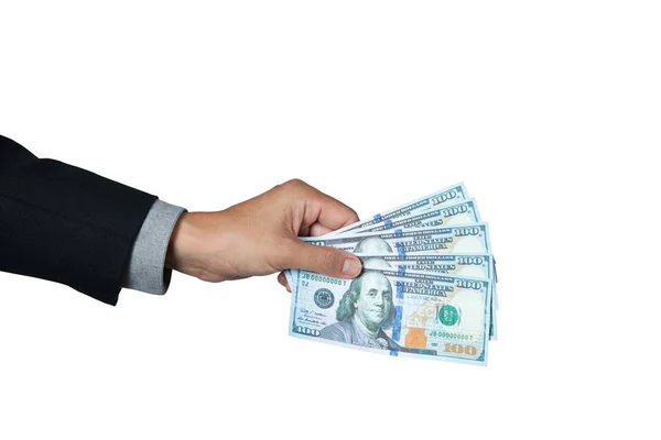 The businessman showing dollar on hand for pay or donation with white background and space for copy. — Stock Photo, Image