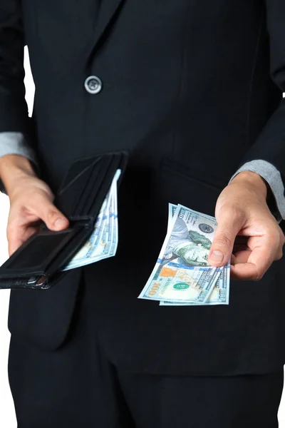 The businessman took dollar out of his wallet for pay or donation with white background. — Stock Photo, Image