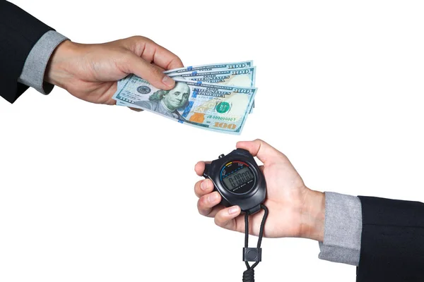 100 dollar banknote on hand of businessman and stopwatch on hand isolated with white background. — Stock Photo, Image