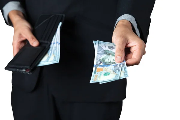 The businessman took dollar out of his wallet for pay or donation with white background. — Stock Photo, Image