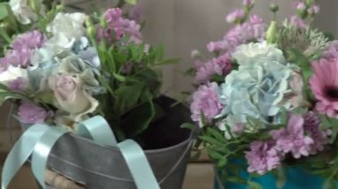 Bankalar, tencere, çiçekli bir çiçek dükkanında paletler, ahşap bir sayaçta yakın çekim 4 k kovaları.