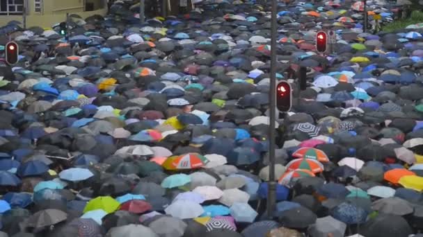 Гонконг, Китай - август 2019 года: переполненная пешеходная улица, заполненная людьми с зонтиками, безымянными гражданами — стоковое видео