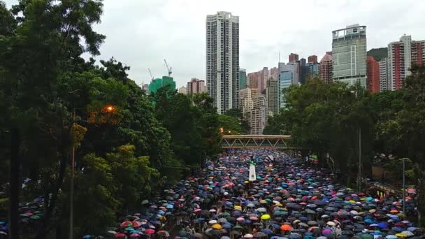 Χονγκ Κονγκ, Κίνα - Αύγουστος, 2019: Οι άνθρωποι με ομπρέλες παρακολουθούν πολύχρωμη επίδειξη των πέντε απαιτήσεων στην οδό της πόλης. — Αρχείο Βίντεο