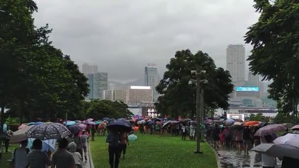 Гонконг (Китай) - серпень 2019 р.: через вуличний парк проходять масові натовпи протестуючих. — стокове відео