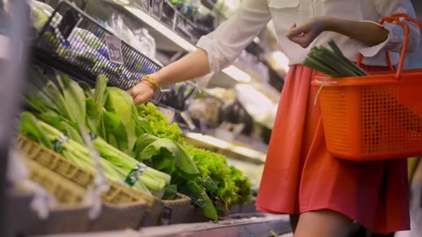 Ung rödhårig kvinna köper färska greener med shopping i ekologisk butik under resan. — Stockvideo