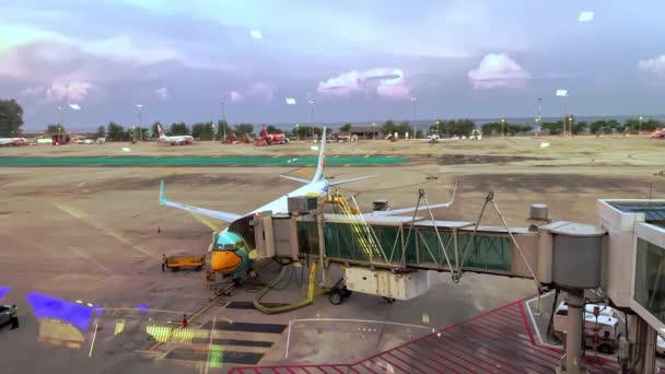 태국 푸켓 (Phuket), 2020 년 1 월: 여객 비행기가 탑승 램프 근처 공항에 서 있다. 러거 지 를 비행기로 실어 간다 — 비디오