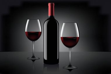 İki kadeh şarap ve şişe gri arka plan üzerinde. Vektör.