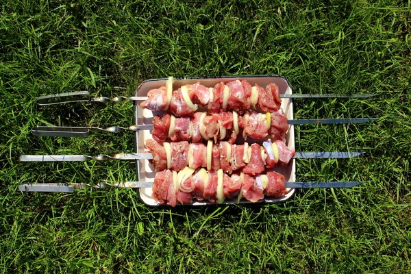 Raw meat on skewers or shish kebab — Stock Photo, Image