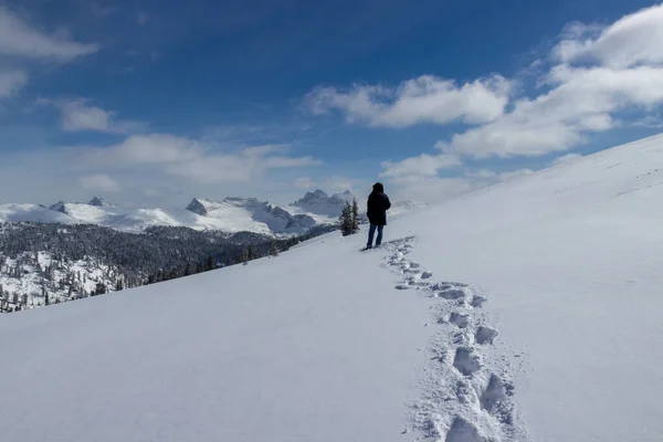Yalnız Bir Adam Değmemiş Beyaz Karla Kaplı Bir Yamaçta Duruyor — Stok fotoğraf