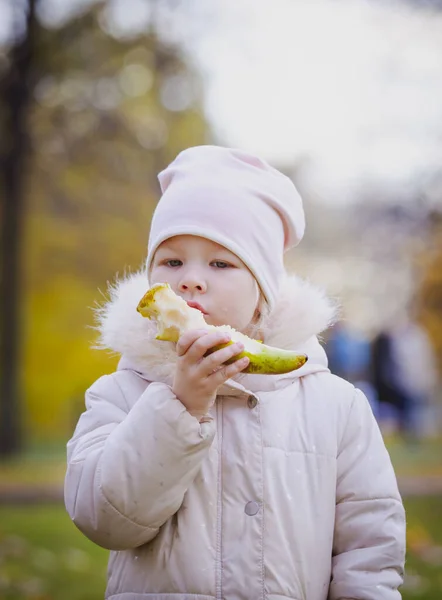 Fruit Best Snack Little Girl Eating Pear Copy Space — Stock Photo, Image