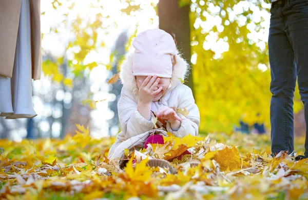Boldog Kislány Szórakozik Őszi Parkban Kislány Összekeveredett Őszi Levelekkel Hintett — Stock Fotó