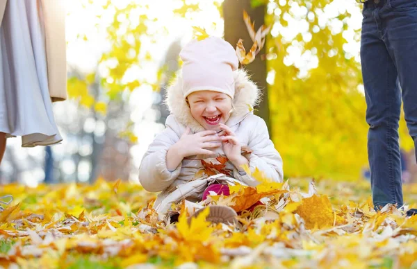 Boldog Kislány Szórakozik Őszi Parkban Kislány Összekeveredett Őszi Levelekkel Hintett — Stock Fotó