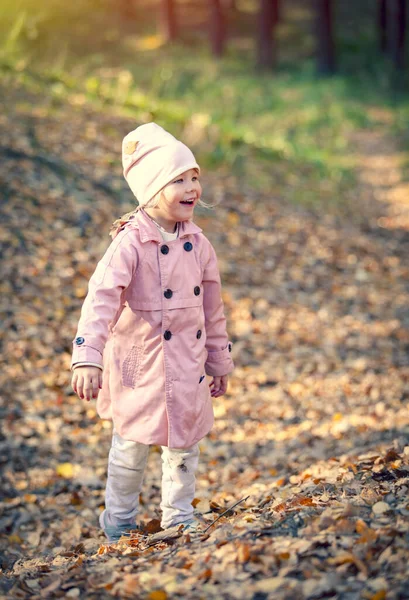 Egy Kis Boldog Lány Őszi Parkban Négyéves Vidám Lány Aki — Stock Fotó