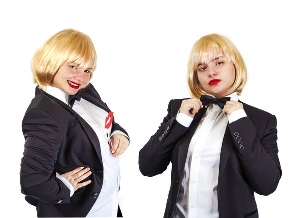 Collage Gut Gekleidetes Pummeliges Blondes Mädchen Heller Hintergrund — Stockfoto