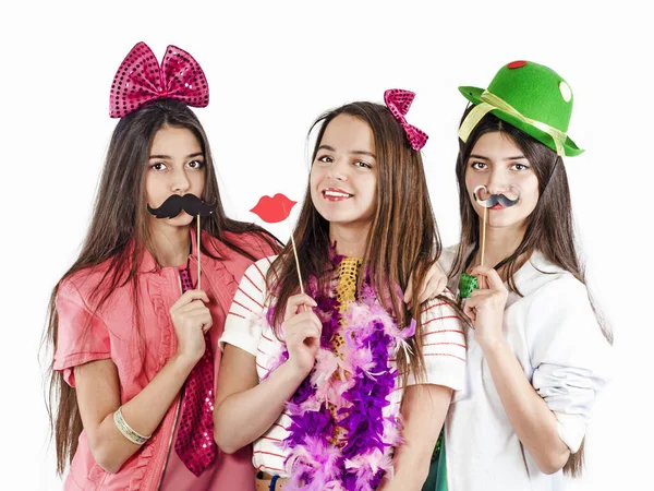 Mujeres Jóvenes Con Bigotes Labios Falsos Listo Para Fiesta —  Fotos de Stock