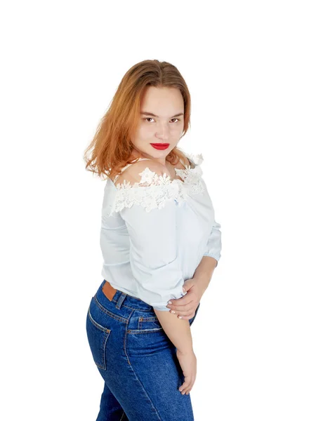 Kilolu Genç Kadın Tam Uzunlukta Portre Beyaz Üzerine Izole — Stok fotoğraf