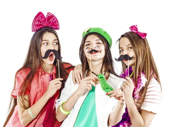 Tres Chicas Encantadoras Pasan Tiempo Nuevo Año Cumpleaños Con Bigote —  Fotos de Stock