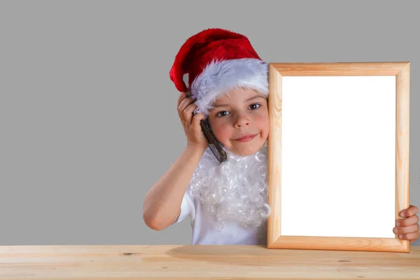 Little Santa Holding Blank Picture Frame White Background Talking Phone — Stock Photo, Image