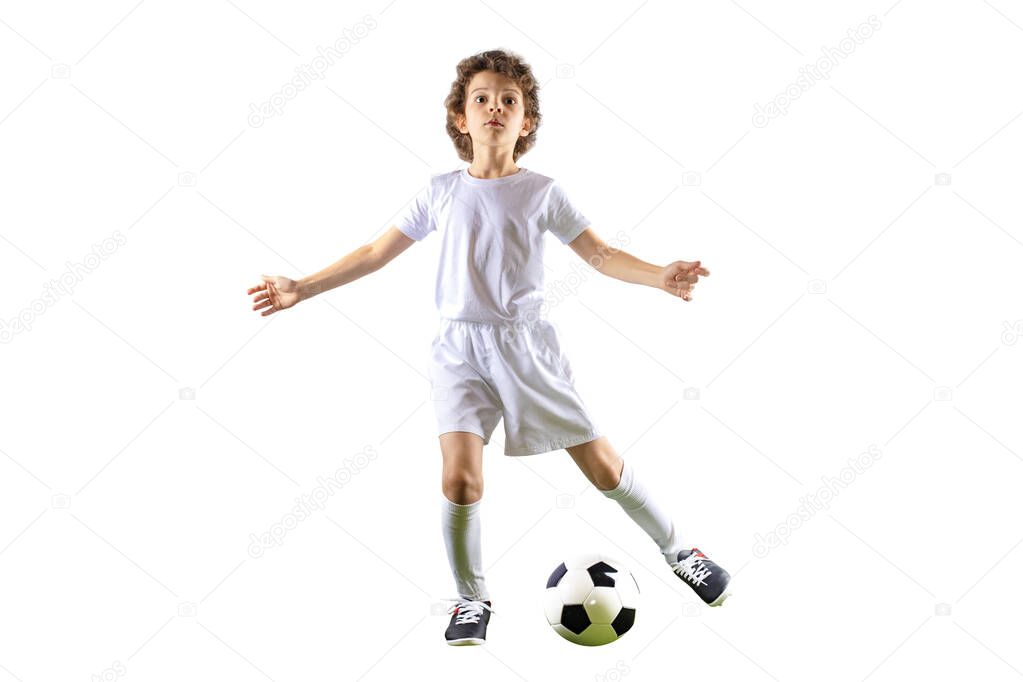 Junior football player with admiring fake and open arms looking at the camera isolated on a white background. Copy space