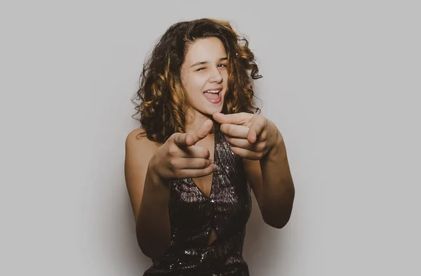 Hey You Girl Curly Hair Cheerful Pointing Forward Girl Silver — Stock Photo, Image