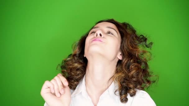 Beautiful Young Girl Chewing Gum Green Background — Stock Video