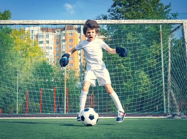 Küçük çocuklar için yaz futbol turnuvası. Futbol kulübü. Oyunun heyecanı ve neşesi. Genç kaleci. Çocuklar, futbol şampiyonu. Stadyumda futbol takımının erkek kalecisi. Spor konsepti.