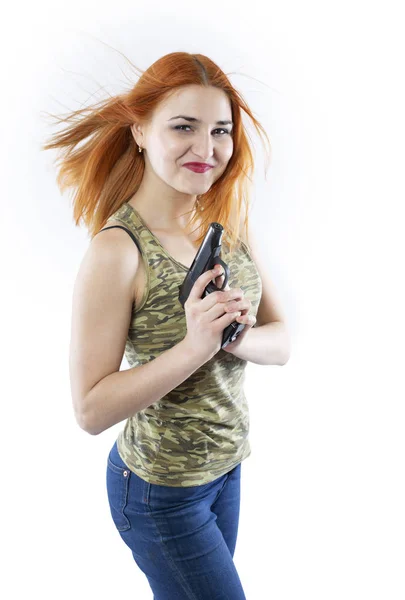 Portrait Belle Rousse Fille Avec Pistolet Sur Fond Lumineux — Photo
