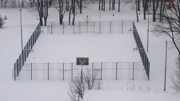 Покрытый Снежной Спортивной Площадкой Городском Парке Туманный Зимний День — стоковое видео